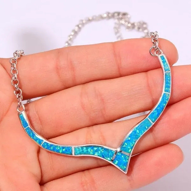 Vintage Humanoid Blue Opal Pendant Filled Necklace Women Jewelry Gifts