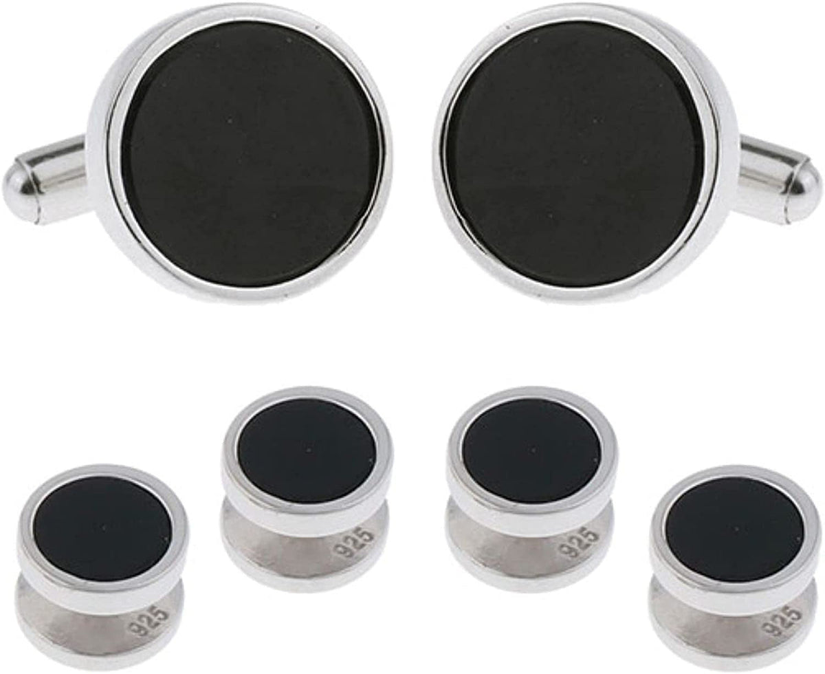 Mens Sterling Silver Black Onyx Cufflinks and Studs Formal Set with Presentation