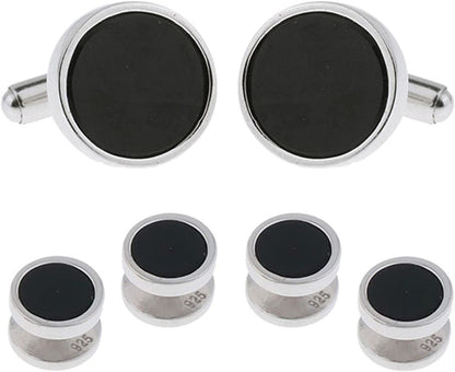 Mens Sterling Silver Black Onyx Cufflinks and Studs Formal Set with Presentation