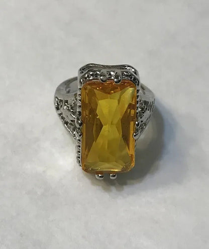 Vintage 925 Silver Ring Baguette Emerald Cut Lemon Yellow Citrine Retro Hollow C
