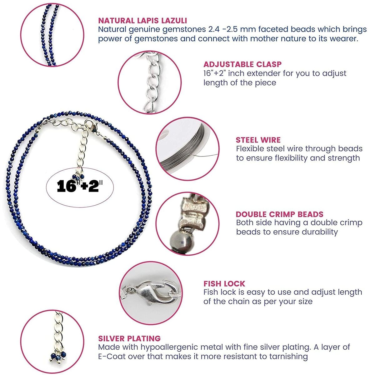 Gempires Natural Lapis Lazuli Beads Necklace, Energy Healing Crystals, Silver Pl