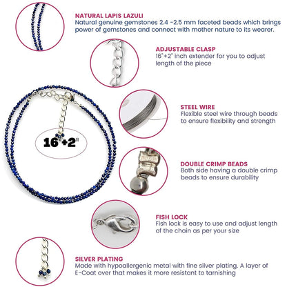 Gempires Natural Lapis Lazuli Beads Necklace, Energy Healing Crystals, Silver Pl