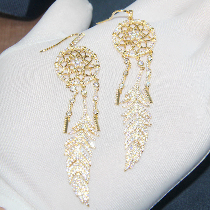 Sterling Silver Earrings Set with Diamonds to Catch Dream Net Feathers