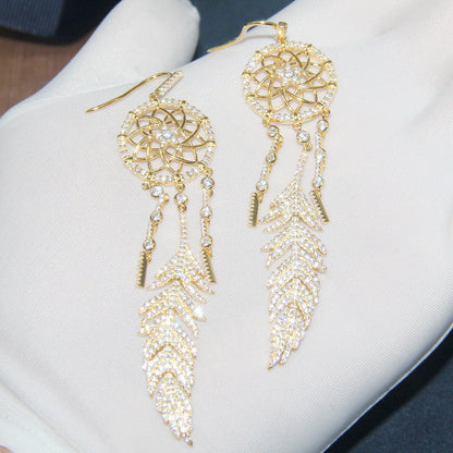 Sterling Silver Earrings Set with Diamonds to Catch Dream Net Feathers