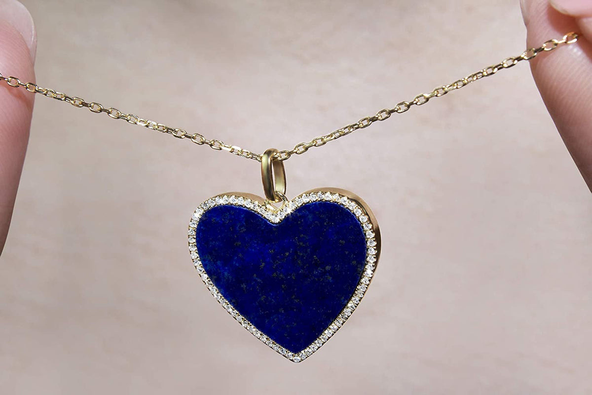 1/6 Carat Diamond and Turquoise or Blue Lapis Heart Pendant Necklace for Women i