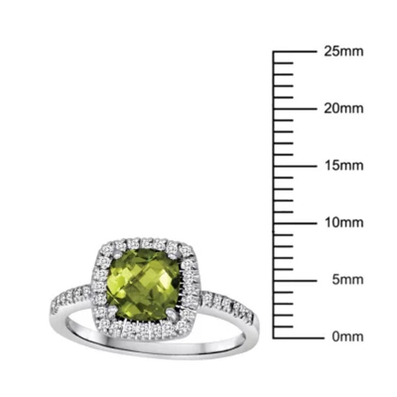 Cushion-Cut Peridot and Diamond Ring in 14K White Gold