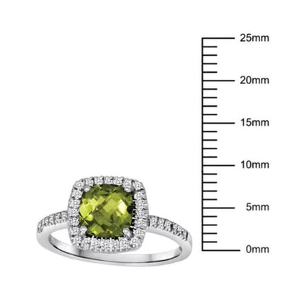 Cushion-Cut Peridot and Diamond Ring in 14K White Gold