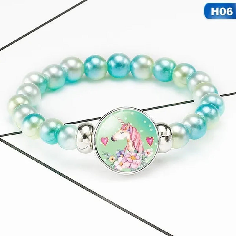12 Styles Cute Unicorn Glass Rainbow Beads Bracelets & Bangles for Kids Girls Pa