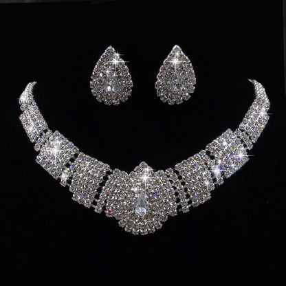 Water Drop Full Diamond Drop Earrings Necklace Set