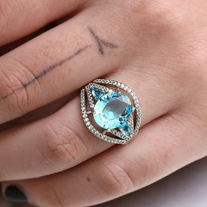 925 Silver Sea Blue Aquamarine Ring Anniversary Fashion Jewelry Anniversary Stat