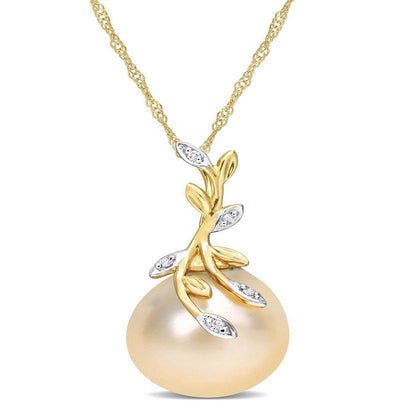 12 - 12.5Mm Drop Golden South Sea Cultured Pearl & Diamond Accent 14K Yellow Gol