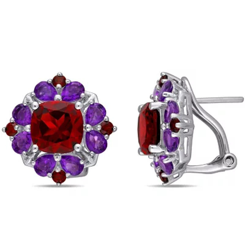 Garnet and African-Amethyst Floral Cluster Earrings in Sterling Silver