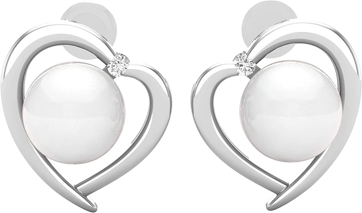 8 MM Each round White Freshwater Pearl & White Diamond Ladies Heart Stud Earring