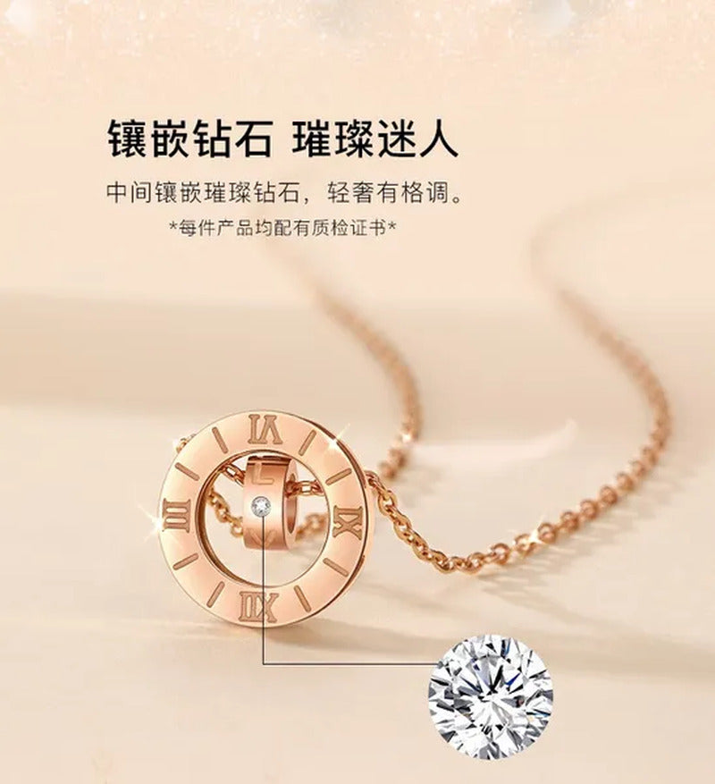 Diamond Necklace Titanium Steel Rose Gold Double Ring Romanesque Rose Gold Neckl