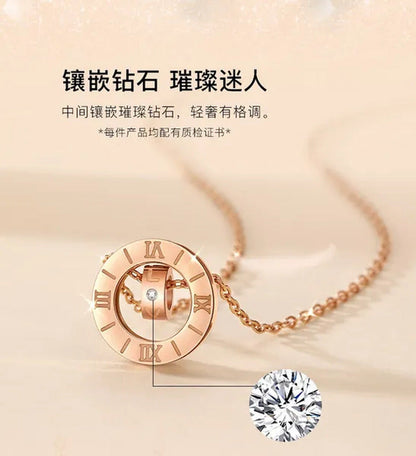 Diamond Necklace Titanium Steel Rose Gold Double Ring Romanesque Rose Gold Neckl