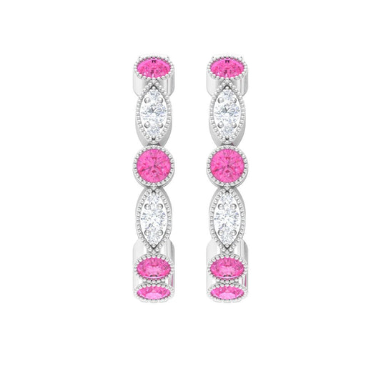 1 CT Pink Sapphire and Diamond Hoop Earrings, Pink Sapphire Vintage Earrings, Ho