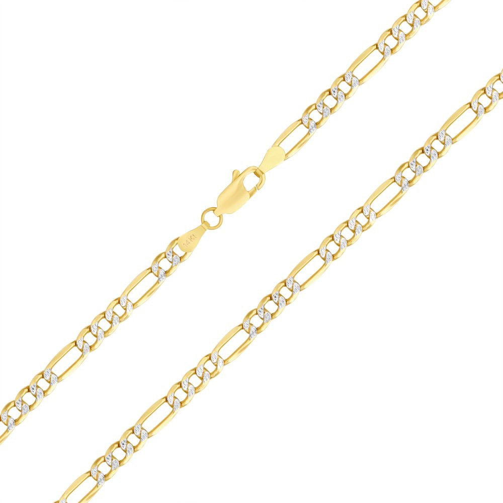 14K Yellow Gold 4.5Mm Figaro Chain Link Diamond Cut Pave Two Tone Bracelet, Mens