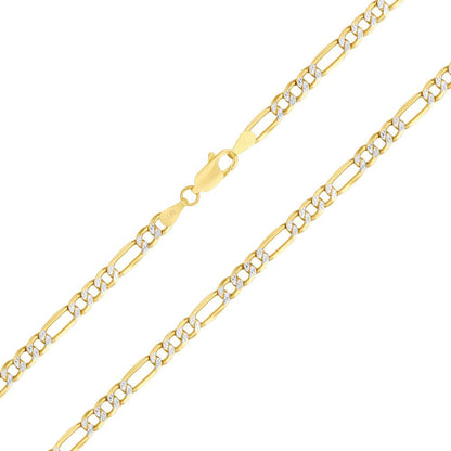 14K Yellow Gold 4.5Mm Figaro Chain Link Diamond Cut Pave Two Tone Bracelet, Mens