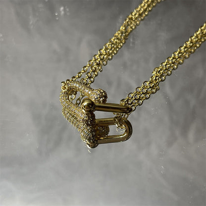 U-Shaped Horseshoe Buckle Gold Plated Diamond Necklace