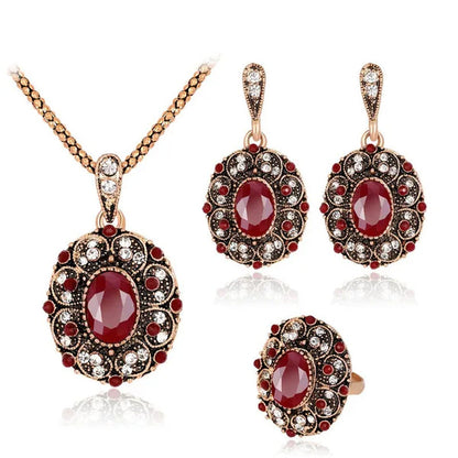 Retro Series Necklace Set Ancient KC Gold Ruby Necklace Earrings Ring Set of Thr