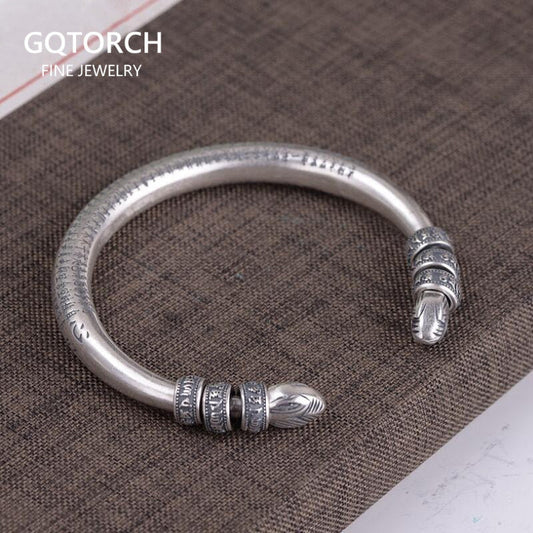 990 Sterling Silver Tibetan Six Words Mantra Bangle for Men and Women Buddhist H