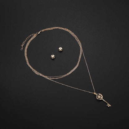 Two-Piece Key Alloy Diamond Necklace and Earrings