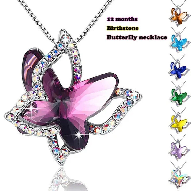 Butterfly Crystal Necklace with Premium Birthstone Pendant Necklace Shiny Butter