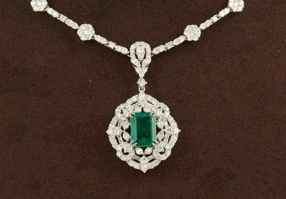 Green Emerald Diamond White Gold Pendant Necklace