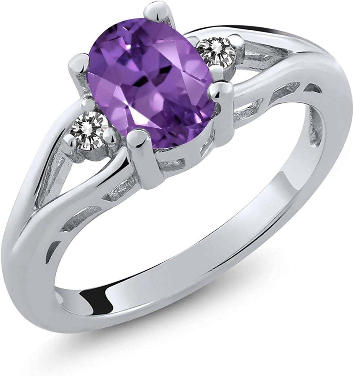 925 Sterling Silver Amethyst and White Diamond 3-Stone Women'S Ring (1.16 Cttw,