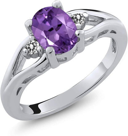 925 Sterling Silver Amethyst and White Diamond 3-Stone Women'S Ring (1.16 Cttw,