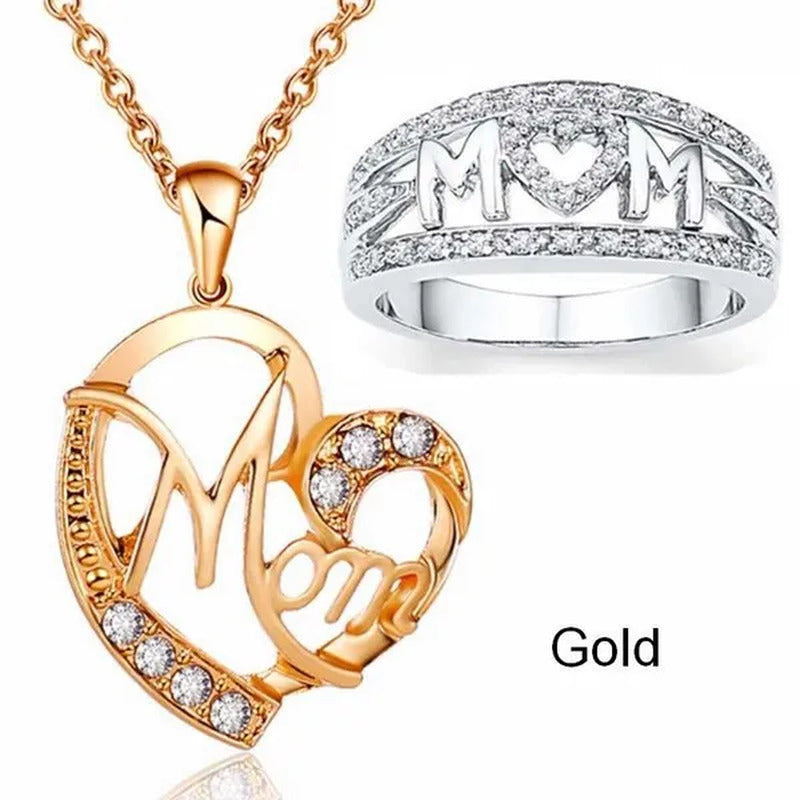 MOM Necklace and Ring Set Zircon Plated 925 Silver Jewelry Set Love Gift for Mot