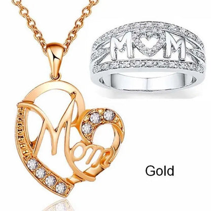 MOM Necklace and Ring Set Zircon Plated 925 Silver Jewelry Set Love Gift for Mot