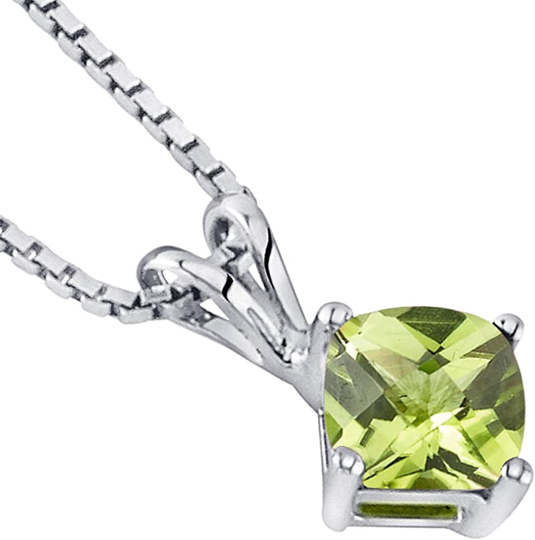 Peridot Pendant in 14 Karat White Gold, Classic Solitaire, Cushion Cut, 6Mm, 1 C