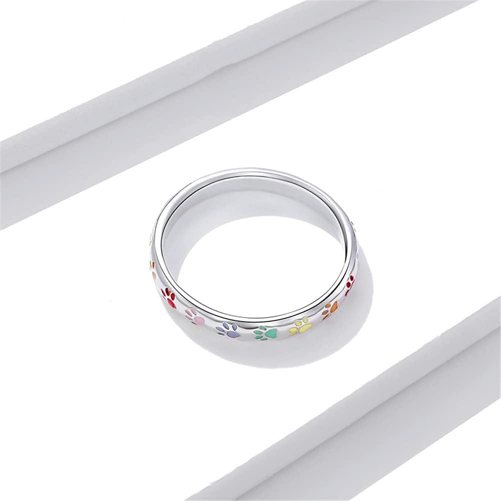 S925 Sterling Silver Puppy Dog Cat Paw Ring, Multicolor Pet Print Enamel Ring fo