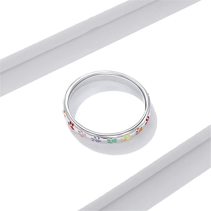 S925 Sterling Silver Puppy Dog Cat Paw Ring, Multicolor Pet Print Enamel Ring fo