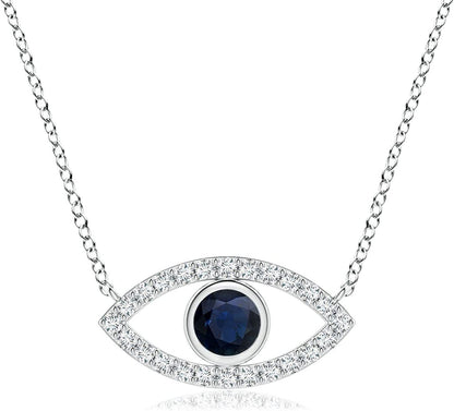 Natural Blue Sapphire Evil Eye Pendant Necklace in 14K Solid Gold for Women, Gir