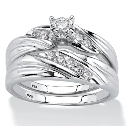 Round Cubic Zirconia Diagonal 2-Piece Wedding Ring Set .24 TCW in Yellow Gold-Pl