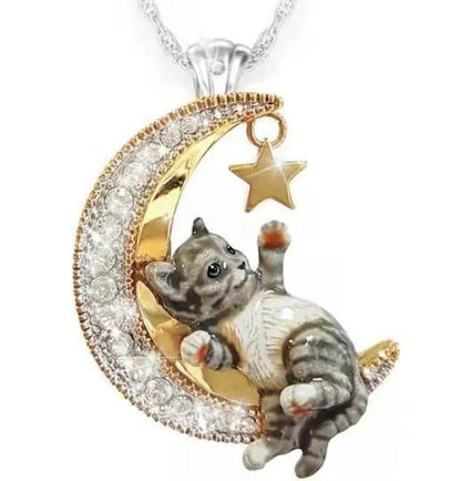 Cute Cat Necklace Star Moon Diamond Animal Necklace Wedding Engagement Anniversa