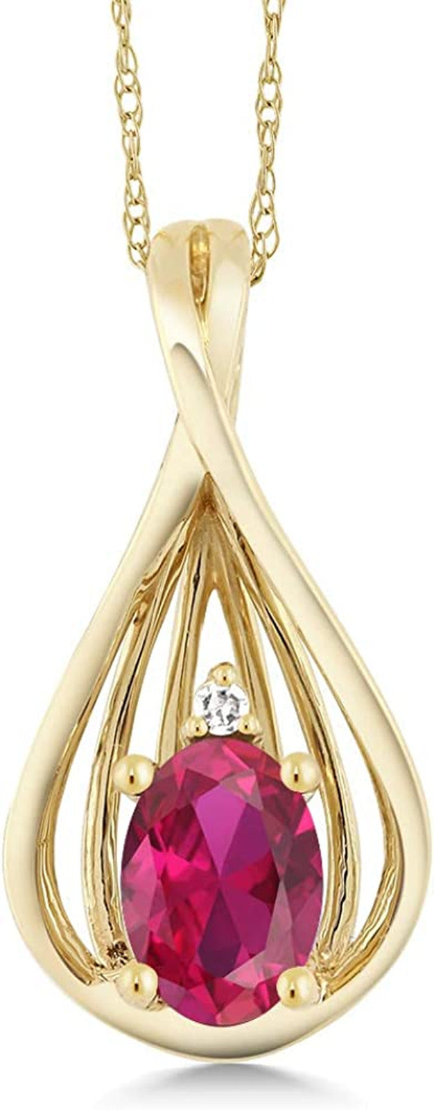 10K Yellow Gold Red Created Ruby and Diamond Teardrop Pendant Necklace for Women