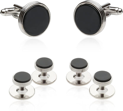 Mens Tuxedo Cufflinks and Studs Formal Set in Black Onyx and Silver with Travel