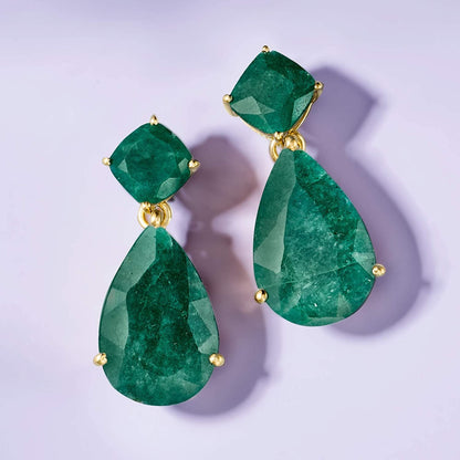 19.20 Ct. T.W. Emerald Drop Earrings in 18Kt Gold over Sterling