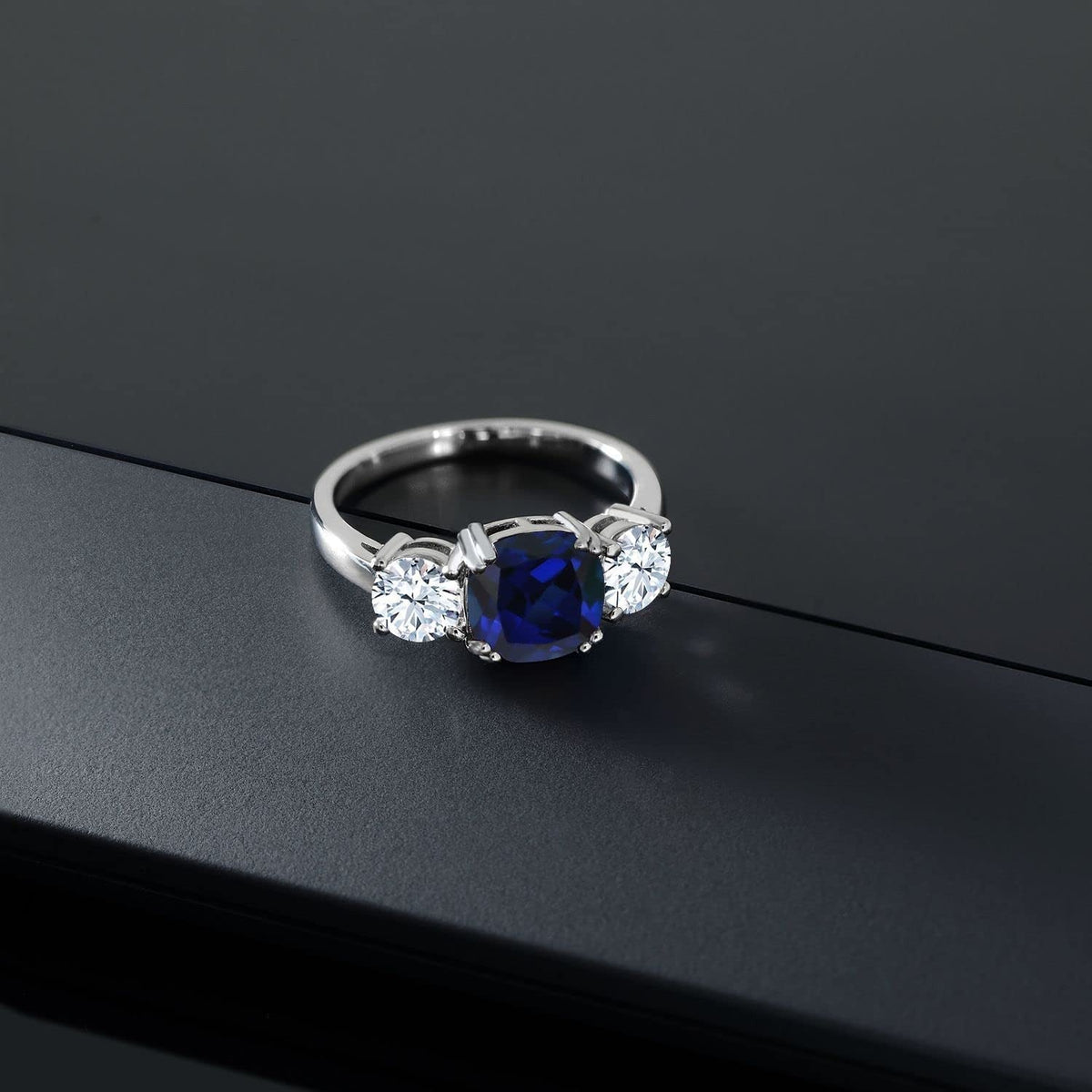 925 Sterling Silver Blue Simulated Sapphire Women Meghan Ring (4.00 Ct Cushion,