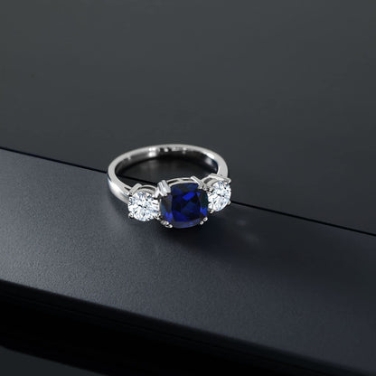 925 Sterling Silver Blue Simulated Sapphire Women Meghan Ring (4.00 Ct Cushion,