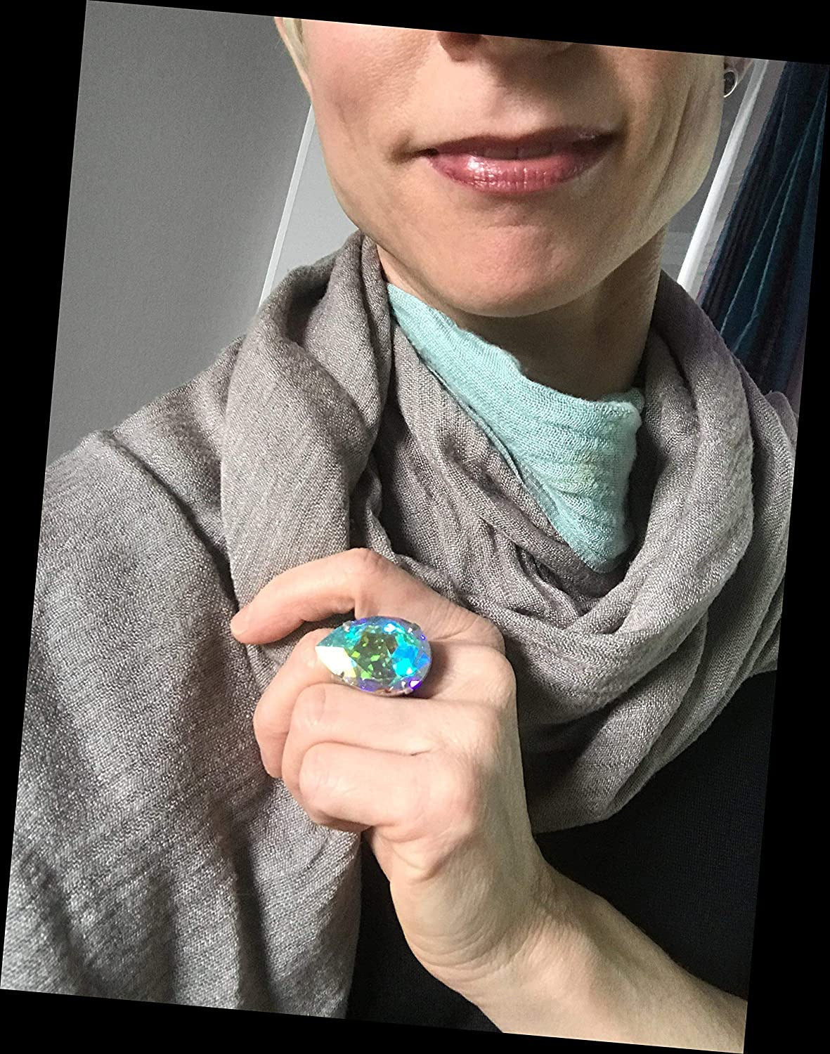 Large Shimmering Teardrop AB Crystal Cocktail Ring, Adjustable Band