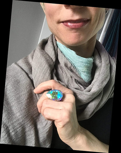 Large Shimmering Teardrop AB Crystal Cocktail Ring, Adjustable Band