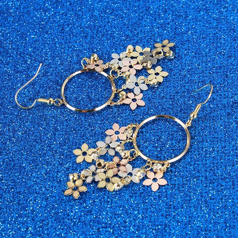 Woman Fashion Golden Circle Flower Tassel Earrings Jewelry
