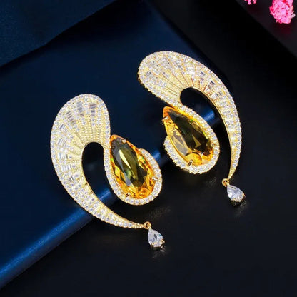 CANDICE Gorgeous 18K Gold Plated Inlay Pear Cut Citrine Stone Big Geometric Stud