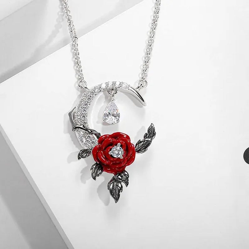 Creative Exquisite Crescent Pendant Rose Necklace 925 Sterling Silver Necklace F