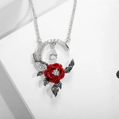 Creative Exquisite Crescent Pendant Rose Necklace 925 Sterling Silver Necklace F