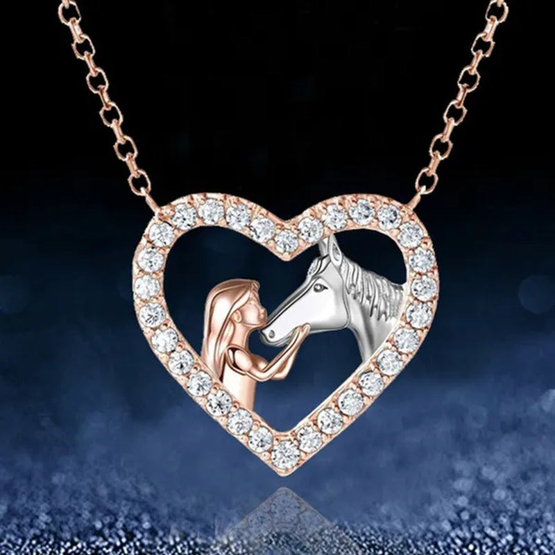 Girl and Horse Necklace for Women Girls Heart Diamond Pendant Necklace Horse Jew